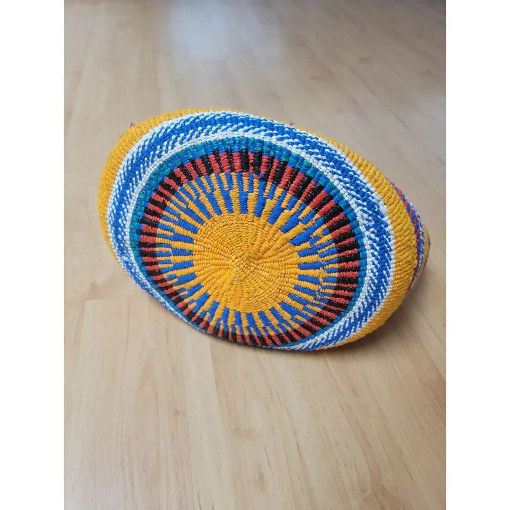 African Kiondo Market Bag Handwoven Tote Yellow Blue Striped Leather Large